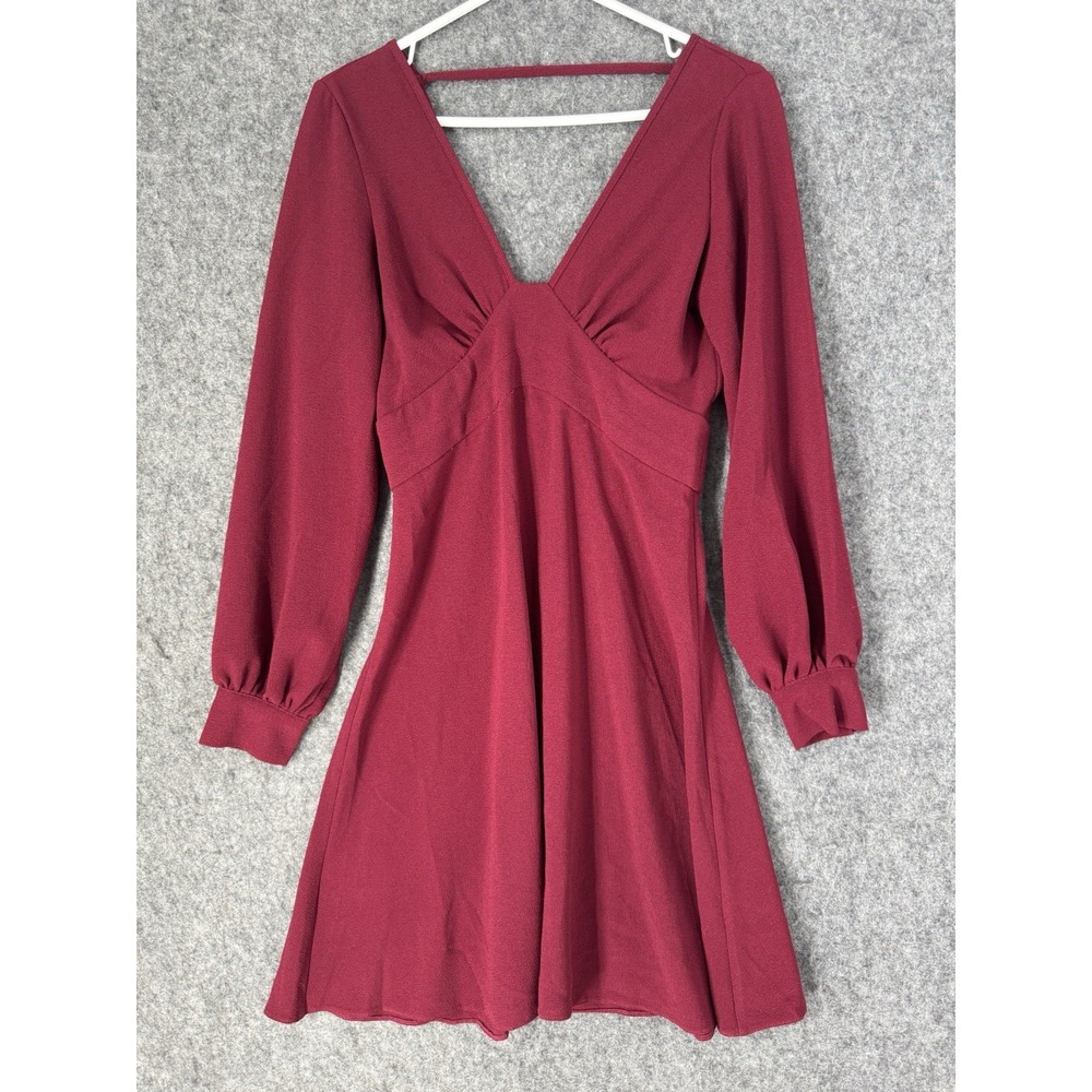 ASOS Burgundy Deep V Mini Dress Long Sleeve Fit‎ Flare Women US 4 EU 36